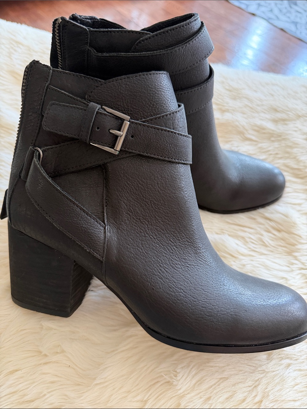 Eileen Fisher Gray Leather Ankle Booties with Buckle